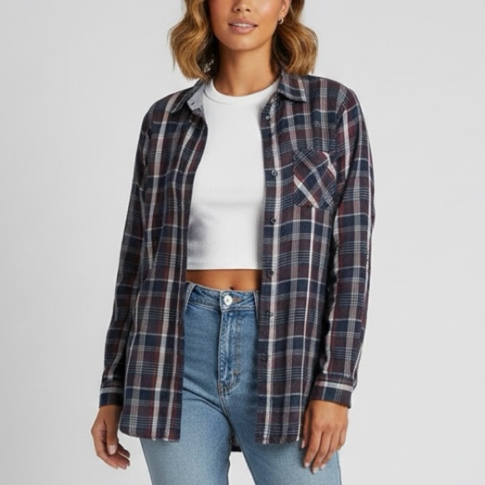 SANDRA Ingrish Red Maroon White Blue Chambray Trim Plaid Flannel Shirt Top XL